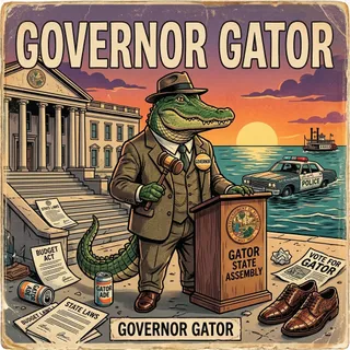 Illustration of an alligator in a brown suit and hat holding a gavel at a podium marked Gator State Assembly, with a capitol building and a half-sunk police car behind him.