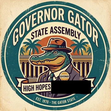 Round teal seal showing an alligator in a hat and suit wearing a Governor button, under the words Governor Gator State Assembly.