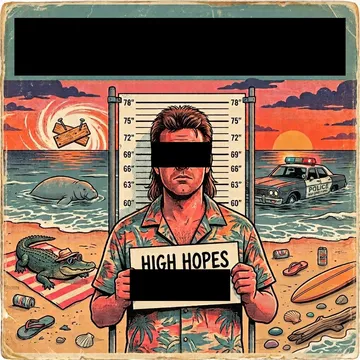 Evidence photograph. Subject in a Hawaiian shirt stands against a height chart on a Gulf Coast beach at sunset, holding a booking placard. Eyes, band name and part of the placard withheld. A manatee, a half-sunk police car and an alligator on a beach towel are visible behind him.