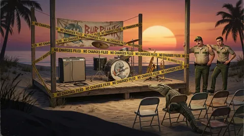 Night scene of an empty beach stage wrapped in yellow tape reading No Charges Filed, with two deputies and an alligator in a folding chair.